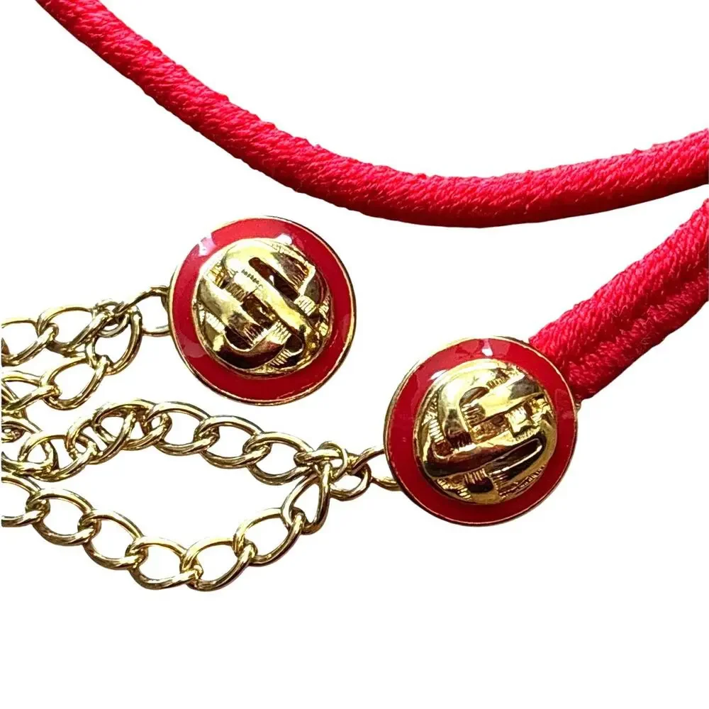 Red cord stretch belt gold coin rounds textured buttons & chain details OS